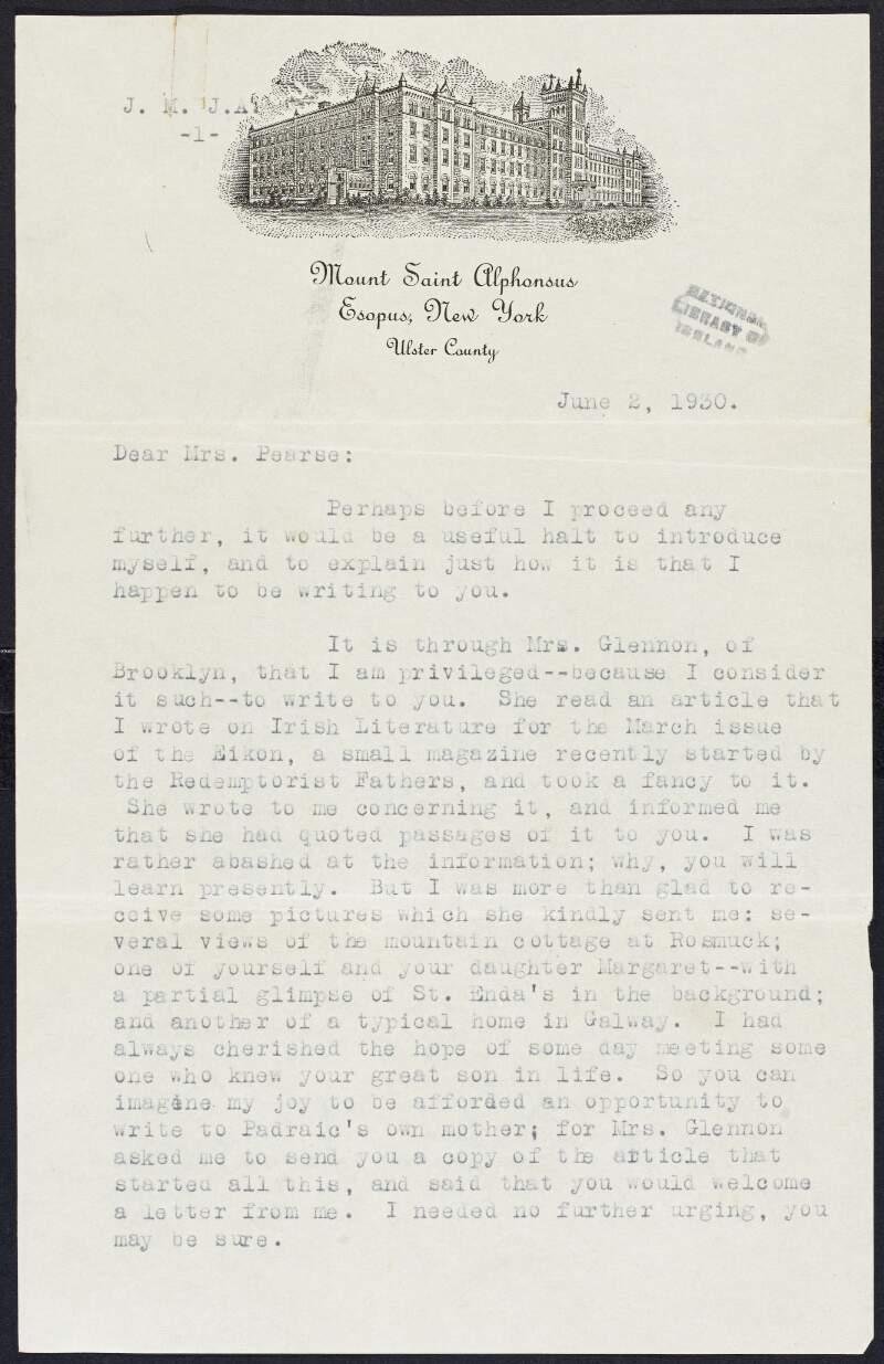 Letter from Rev. Charles D. Fallon, Mount Saint Alphonsus, Esopus, New York, to Margaret Pearse, enclosing an article on Irish literature (not included) and expresssing his admiration of the achievements and character of her son, Padraic Pearse,
