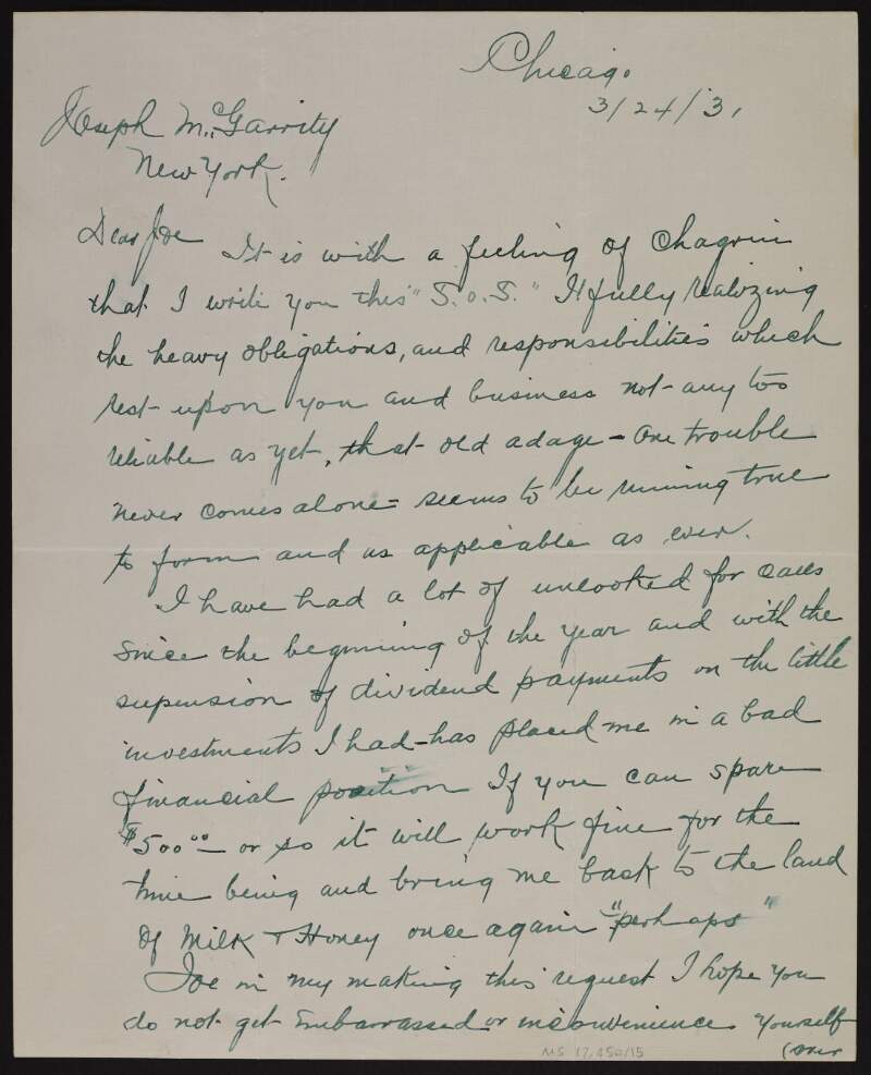 Letter from Michael H. Enright to Joseph McGarrity asking him for money to help him out of his bad financial position,