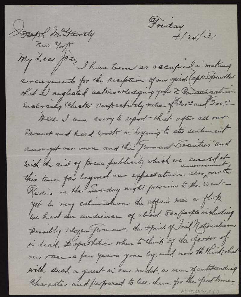 Letter from Michael H. Enright to Joseph McGarrity deploring that "the spirit of Irish nationalism is dead" following a low attendance at a gathering,