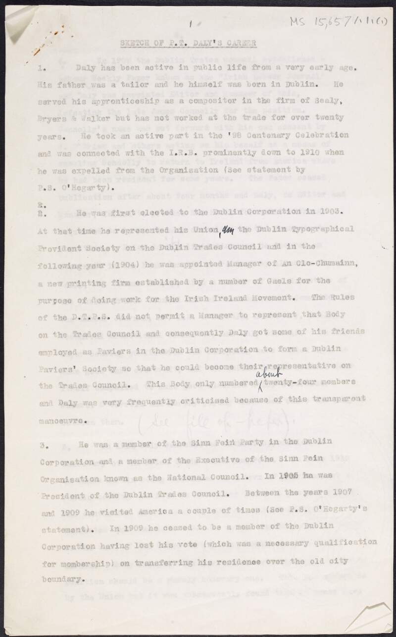 Annotated typescript draft of a biographical sketch of P.T. Daly's career, by William O'Brien,