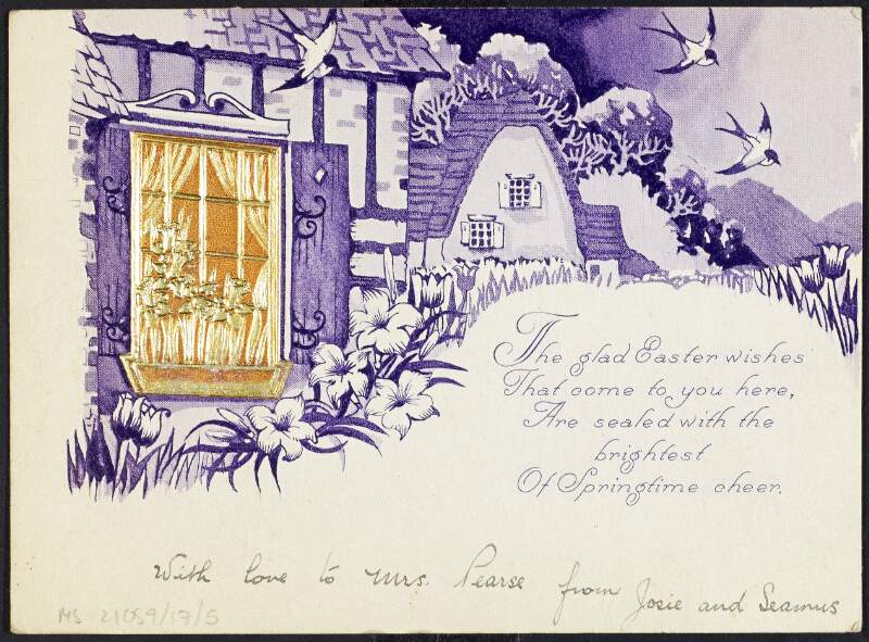 Postcard from Josephine Smith to Margaret Pearse wishing her well at Easter and enclosing signed photographs of herself and Anna of the "Ramblers in Erin", and describing a "successful engagement in one of the biggest theatres in Brooklyn",