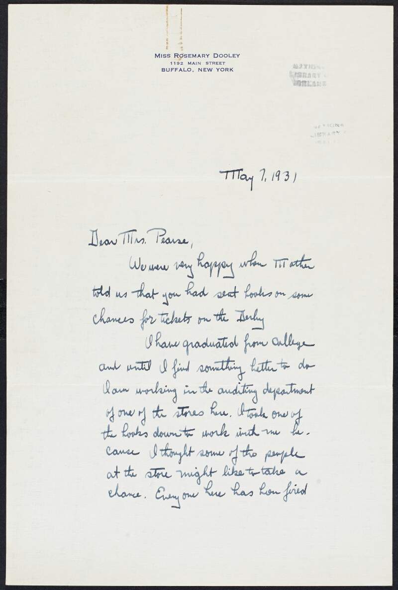 Letter from Rosemary Dooley, 1192 Main Street, Buffalo, New York, to Margaret Pearse regarding fundraising for St. Enda's School,