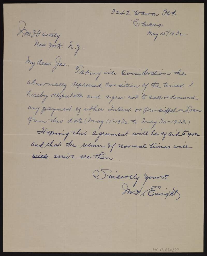 Letter from Michael H. Enright to Joseph McGarrity stating his resolution not to "demand any payment of either interest or principal on loan" from him for a year,