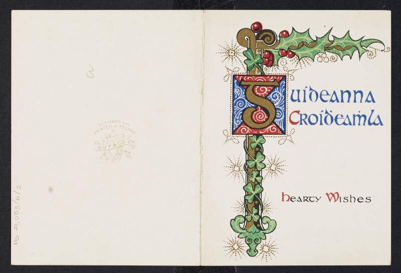 Christmas card stating "Guideana Croidheamhla" from Niall MacNéill to Padraic Pearse,