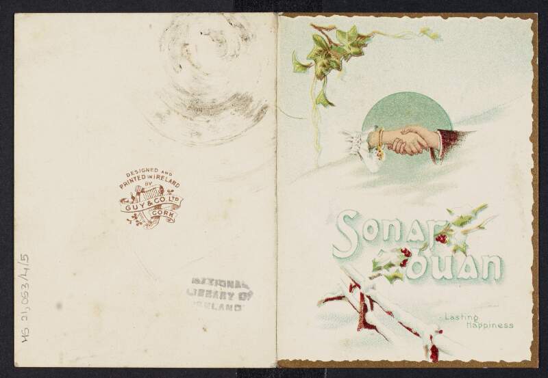 Christmas card stating "Sonas Buan" from [Eóin] to Padraic Pearse,