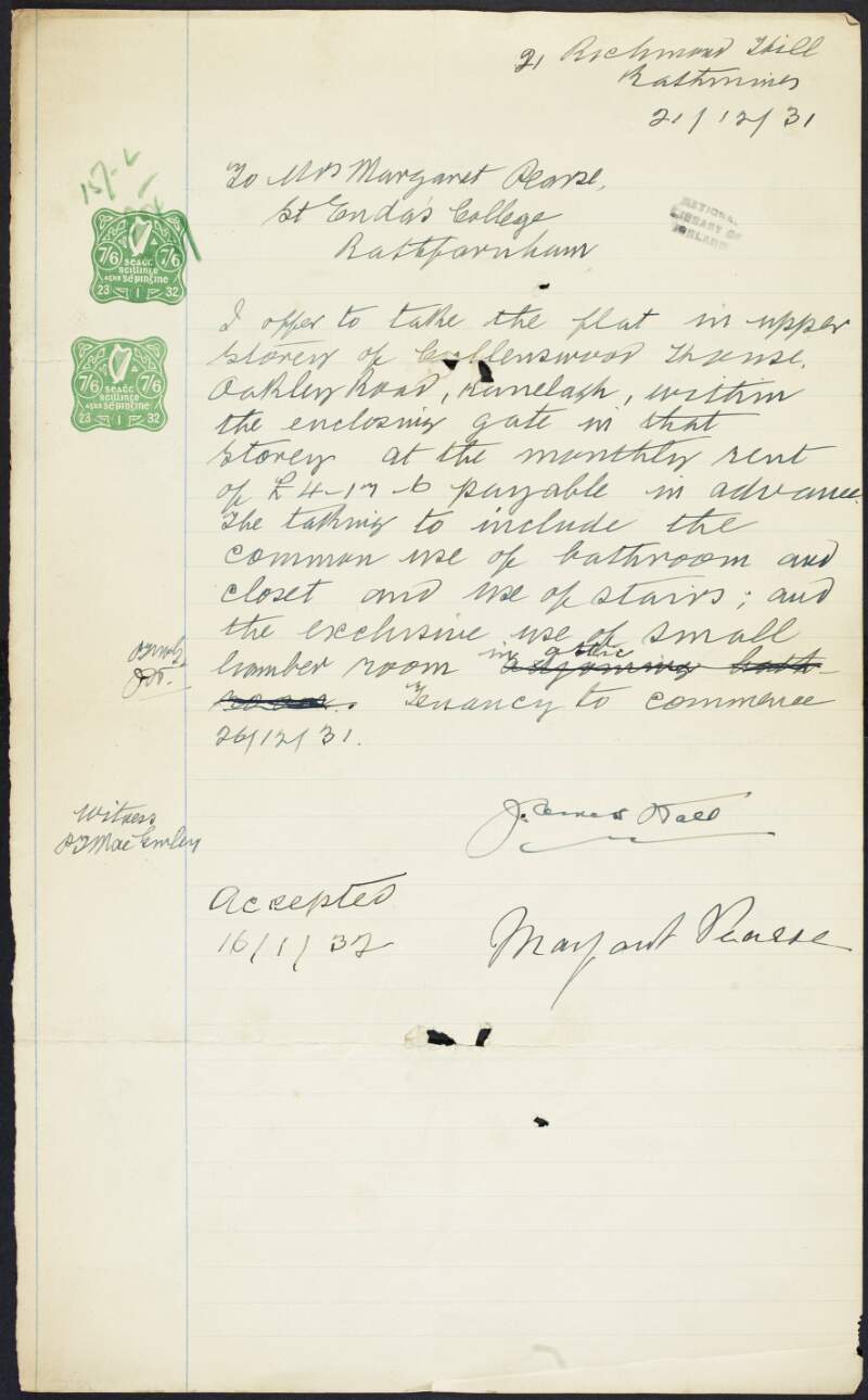Lease between Margaret Pearse and her tenant James [Hall?] for the top flat in Cullenswood House, Oakley Road, Ranelagh,