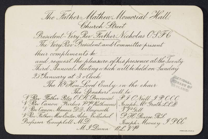 Invitation from The Father Mathew Memorial Hall, Church Street, to Padraic Pearse for their twenty third annual meeting,