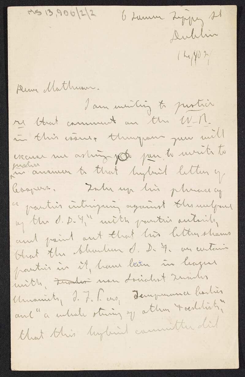 Letter from James Connolly to John Carstairs Matheson about intrigues within the Social Democratic Federation,