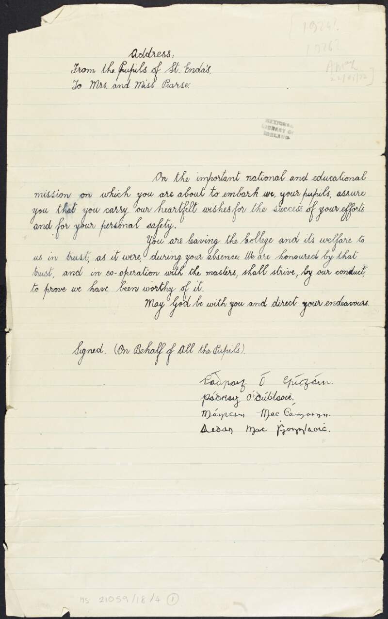 Letter from the students of St. Enda's College to Mrs. Margaret Pearse and Miss Margaret Pearse wishing them well on their unidentified venture and assuring them of the welfare of the school in their absence,