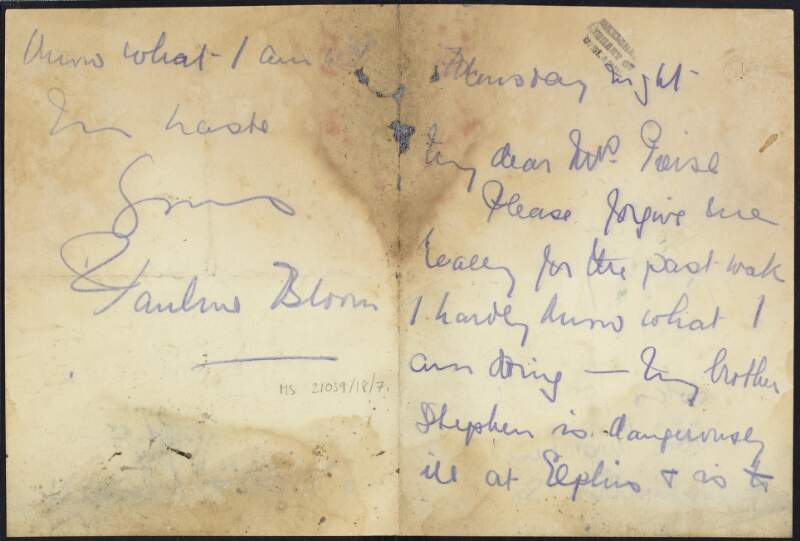 Letter from Pauline Bl[oom?] to Margaret Pearse, asking her forgiveness over the past week as she was distracted with her brother's illness,