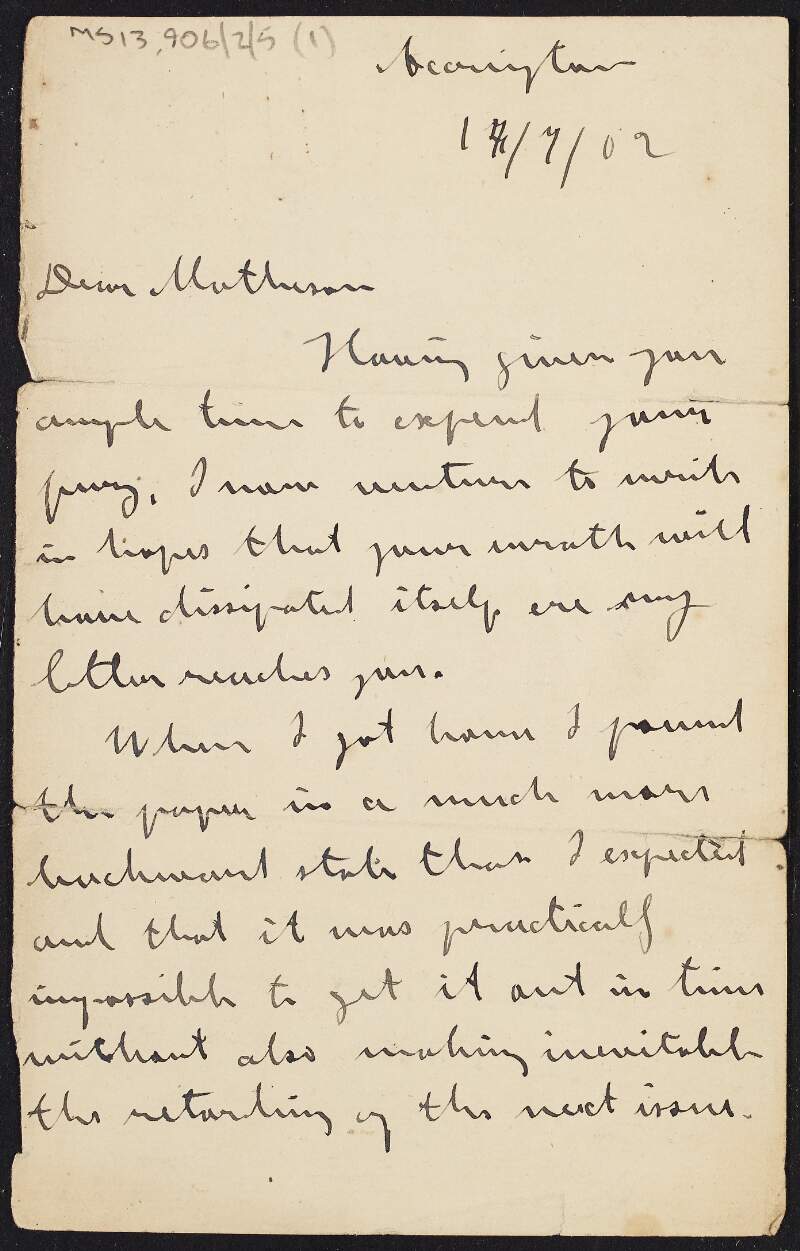 Letter from James Connolly to John Carstairs Matheson about publication problems and the political situation in Manchester and Lancashire,