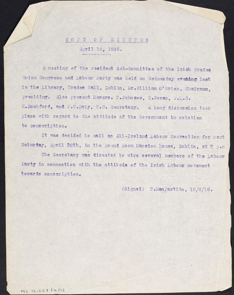 Copy minutes of an Irish Trades Union Congress and Labour Party Sub-Committee meeting, held on 10th April 1918,