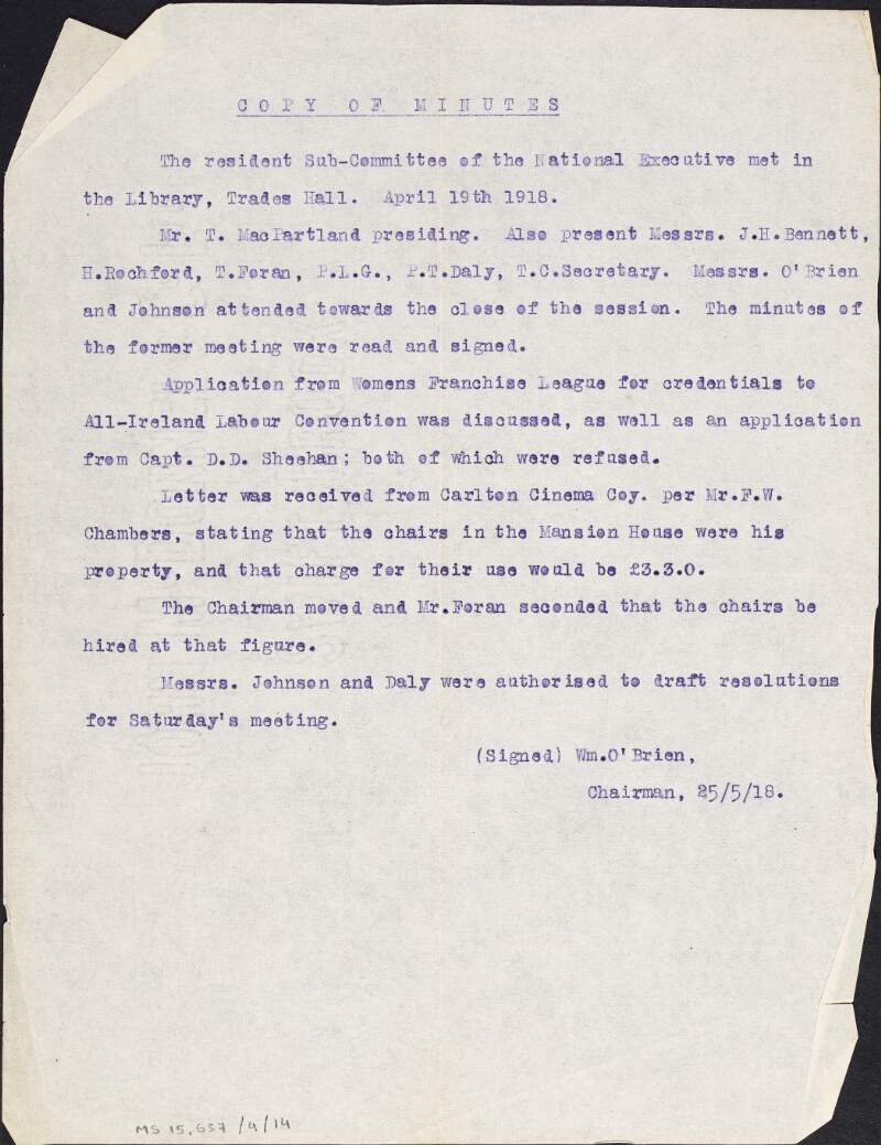 Copy minutes of an Irish Trades Union Congress and Labour Party National Executive meeting, held on 25th May 1918,
