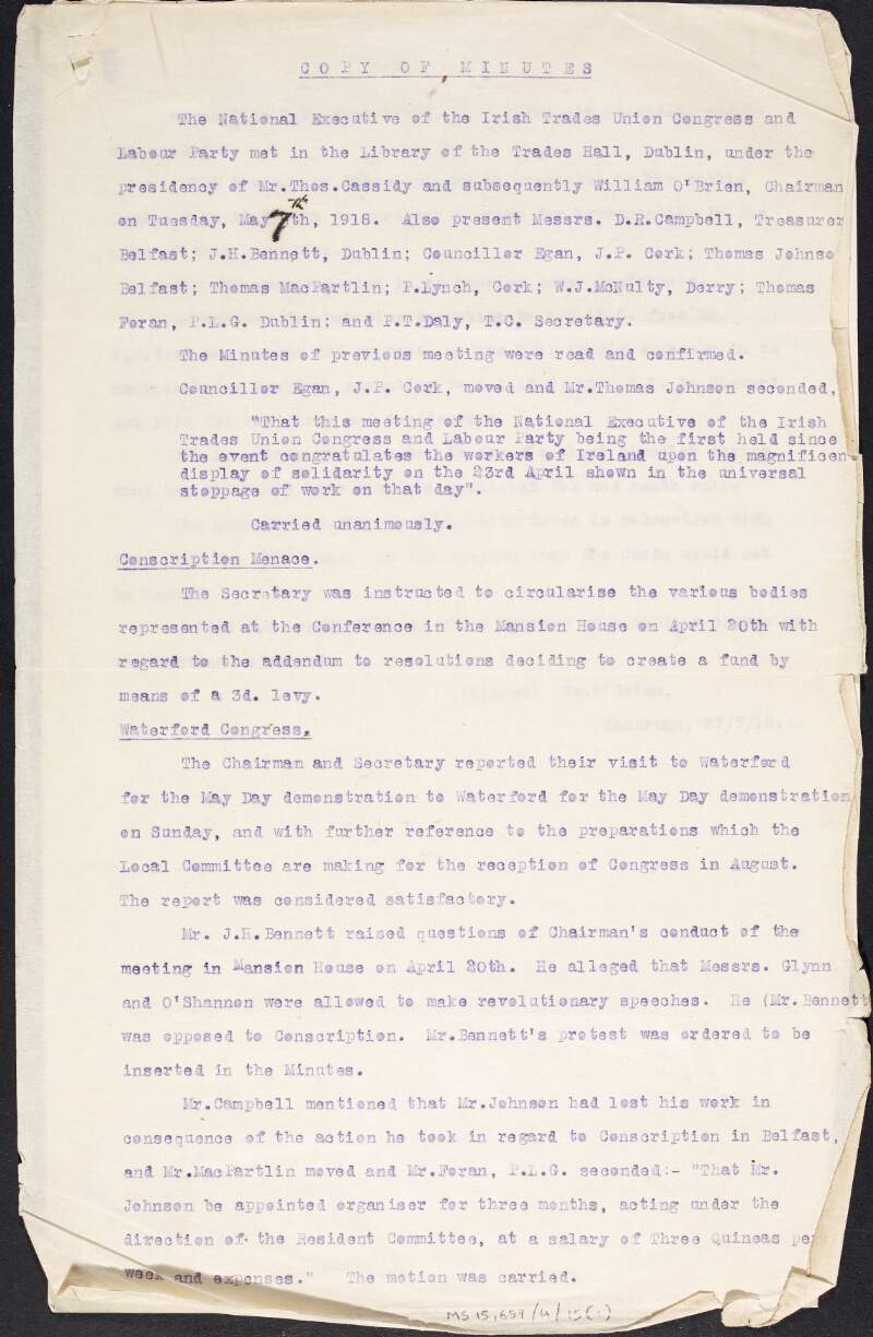 Copy minutes of an Irish Trades Union Congress and Labour Party National Executive meeting, held on 7th May 1918,