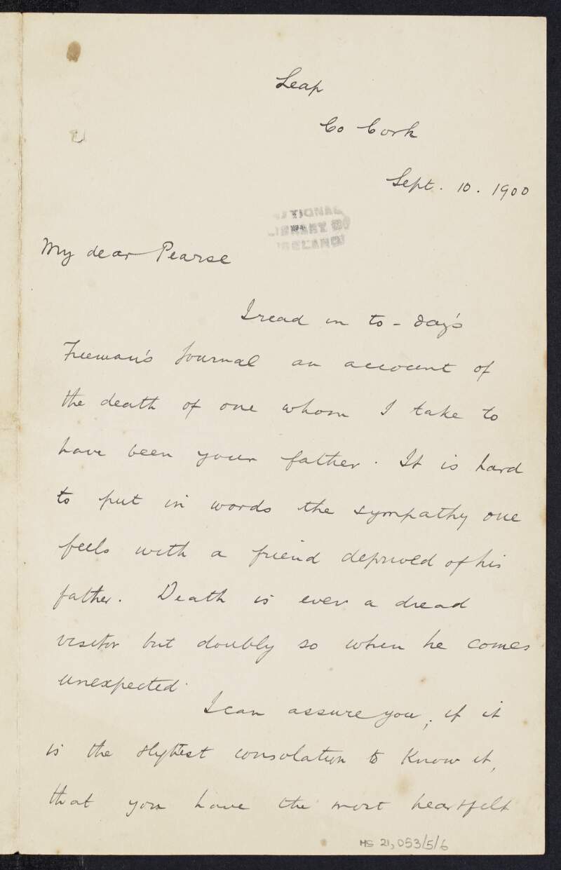 Letter from James M. Burke to Padraic Pearse conveying his condolences over the death of his father, James Pearse,