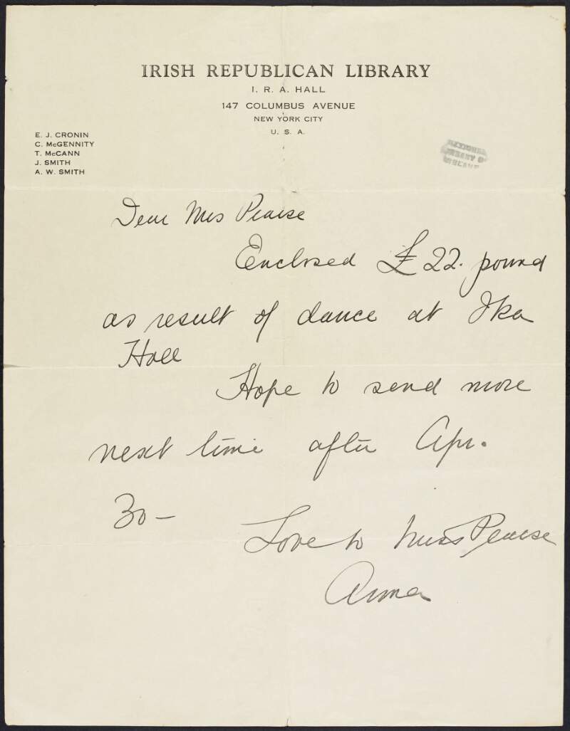 Letter from "Anna", of the Irish Republican Library, New York, to Margaret Pearse enclosing the proceeds of a fundraising dance at the I.R.A. Hall in New York as a donation to St. Enda's School,