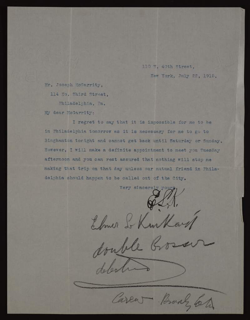 Letter from Elmer L. Kinkaid to Joseph McGarrity regarding his inability to keep an appointment in Philadelphia,