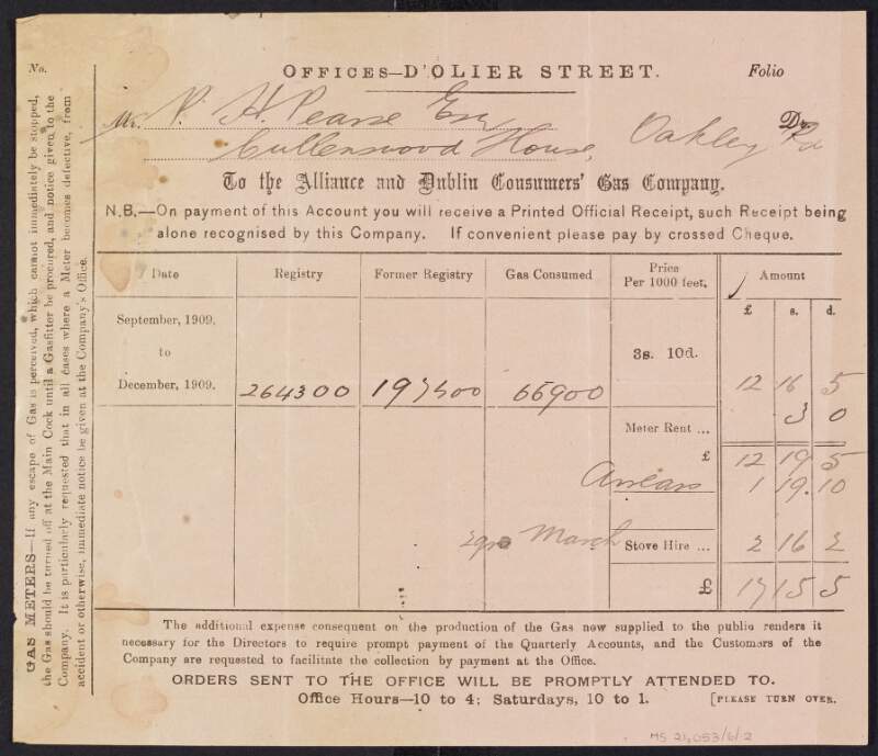 Invoice of an outstanding account from the Alliance and Dublin Consumers' Gas Company to Padraic Pearse for the amount of £17-15-5,