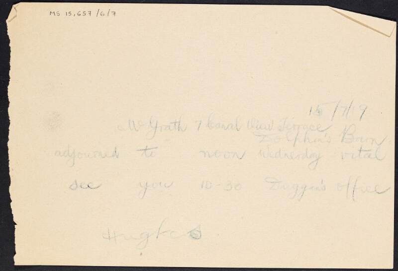 Draft telegram from J.J. Hughes to Joseph McGrath reading "Adjourned to noon Wednesday vital see you 10-30 Duggan's office",