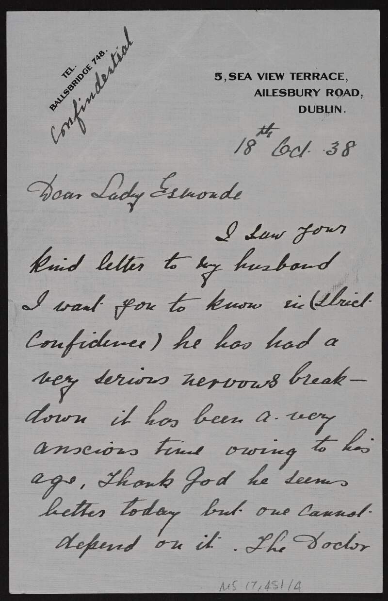 Letter from Evelyn Moore to Anna Frances, Lady Grattan Esmonde, forwarded to Joseph McGarrity with note, regarding Colonel Moore's health,