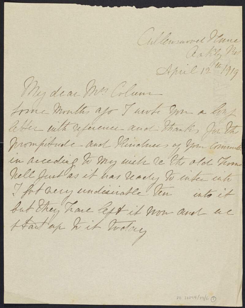 Partial draft letter from Margaret Pearse to Mrs. [Mary] Colum thanking her for the promptitude and kindness of her committee regarding an event at a town hall,