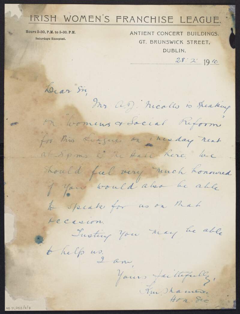 Letter from [F. M. Shannon?] of the Irish Women's Franchise League to Padraic Pearse requesting if he would speak at an event in which A. J. Nicholls is also speaking at,
