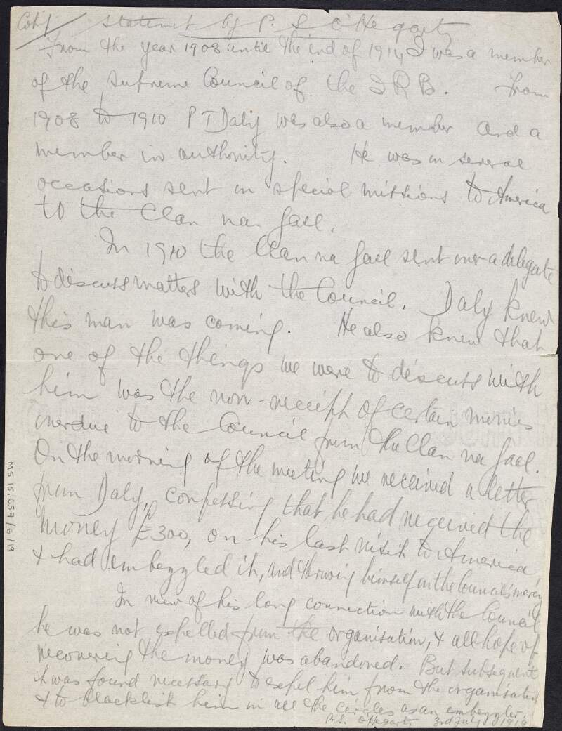 Manuscript copy statement by P.S. O'Hegarty in which he alleges that P.T. Daly embezzled money transferred from Clan-na-Gael to the I.R.B. Supreme Council in 1910,