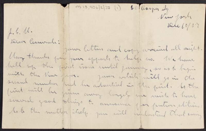 Letter from James Connolly to John Carstairs Matheson about 'The Harp', "Woodhouse", salaries in the American socialist movement, and outlining how Connolly plans to defend himself against party charges,