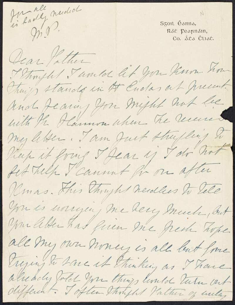 Draft letter from Margaret Pearse to Father [Michael O'Flanagan] concerning the financial difficulties facing St. Enda's School and suggesting she visit the United States to encourage donations,