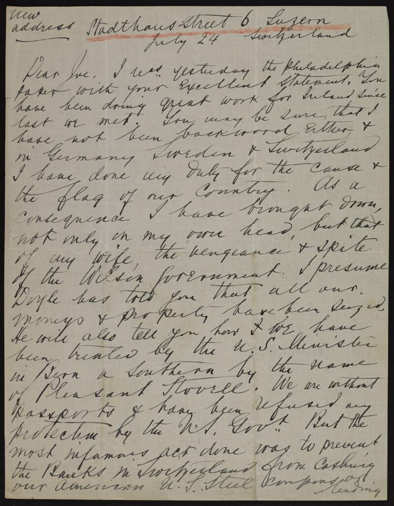 Letter from Thomas St. John Gaffney to Joseph McGarrity regarding his and his wife's difficult situation in Switzerland as their "moneys & property have been seized" and they have no passports,
