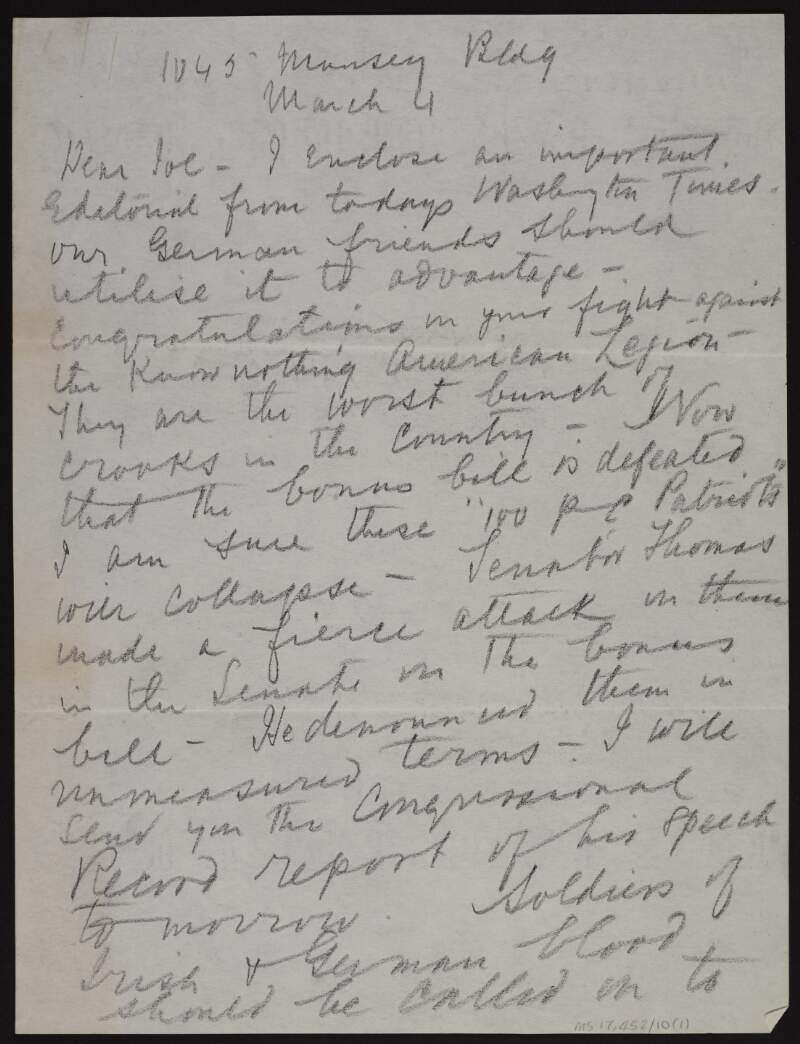 Letter from Thomas St. John Gaffney to Joseph McGarrity regarding the American Legion and the bonus bill,