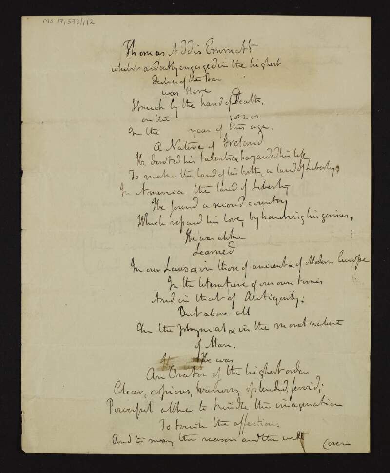Manuscript copy of inscription on the monument erected to Thomas Addis Emmett's memory by the New York Bar,