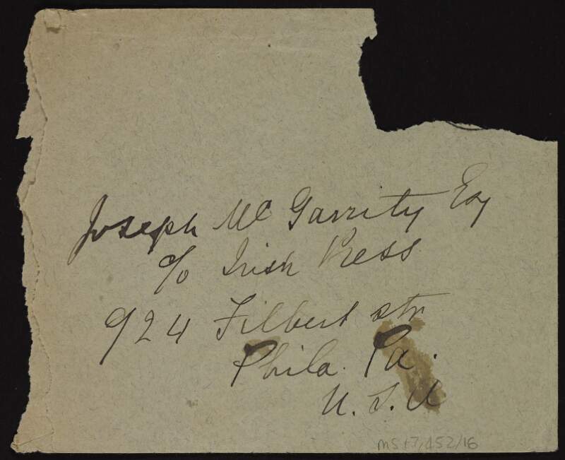 Envelope addressed from Thomas St. John Gaffney to Joseph McGarrity,