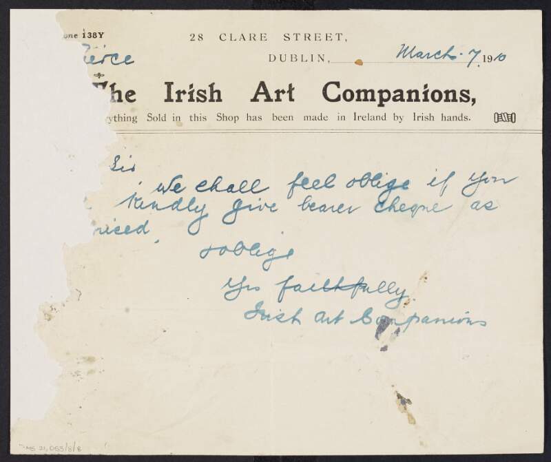 Letter from The Irish Art Companions to Padraic Pearse imploring him to "give bearer cheque as promised",