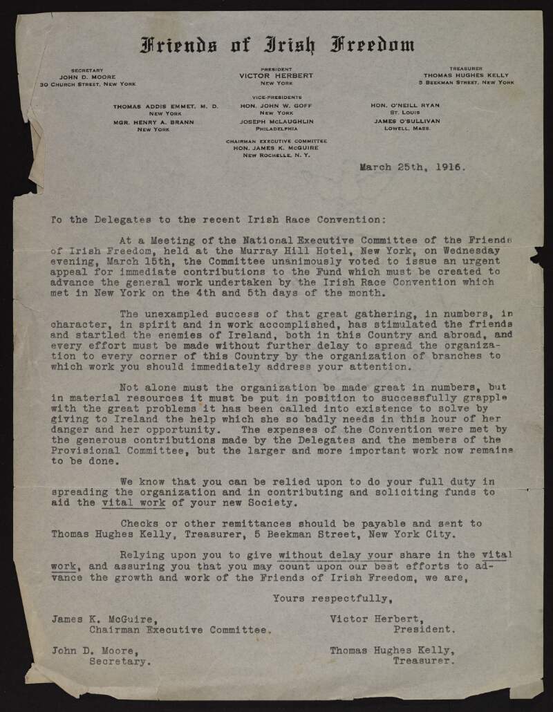 Letter issued by the National Executive Committee of the Friends of Irish Freedom calling on Irish-Americans to donate money to "advance the general work undertaken by the Irish Race convention",