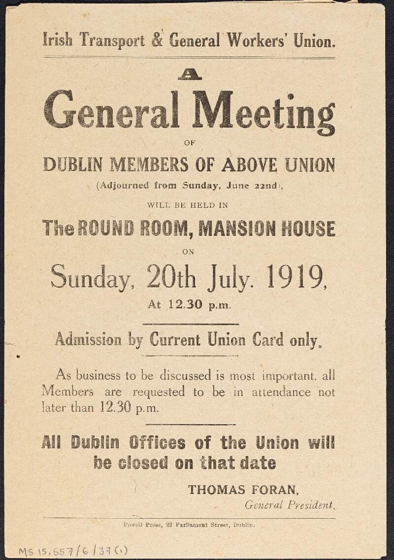 Flyer announcing a general meeting of the Irish Transport and General Workers' Union Dublin branch on 20th July, Mansion House,