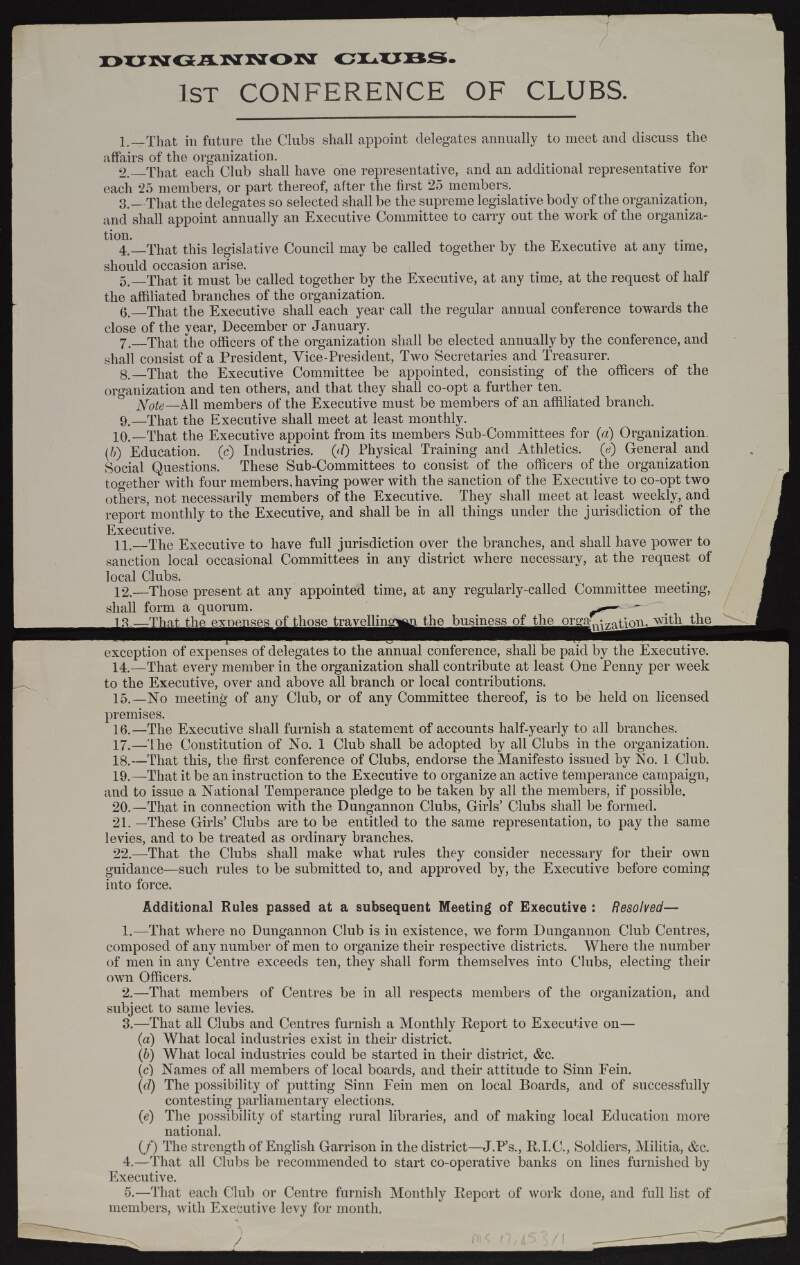 Printed resolutions of the first conference of Dungannon Clubs with additional rules passed at a subsequent meeting of the Executive,