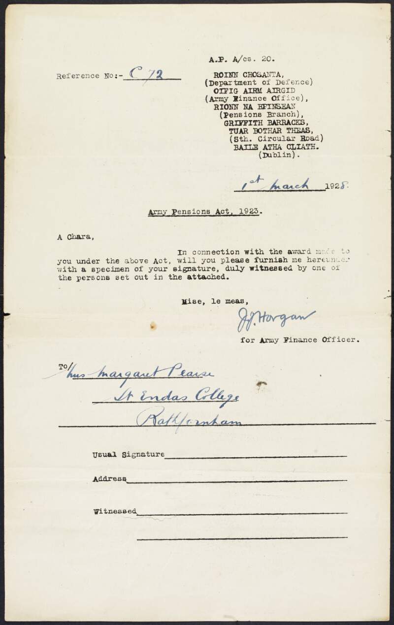 Letter from J. J. Horgan, for the Army Finance Officer, to Mrs. Margaret Pearse requesting a specimen of her signature with regard to her claim from the Army Pensions Board,