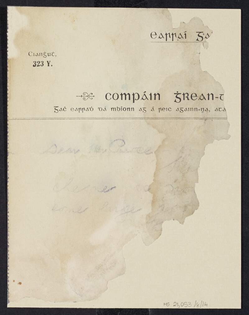 Letter from "Compáin Ghrean" [Engraving Company] to Padraic Pearse regarding sizes and price,