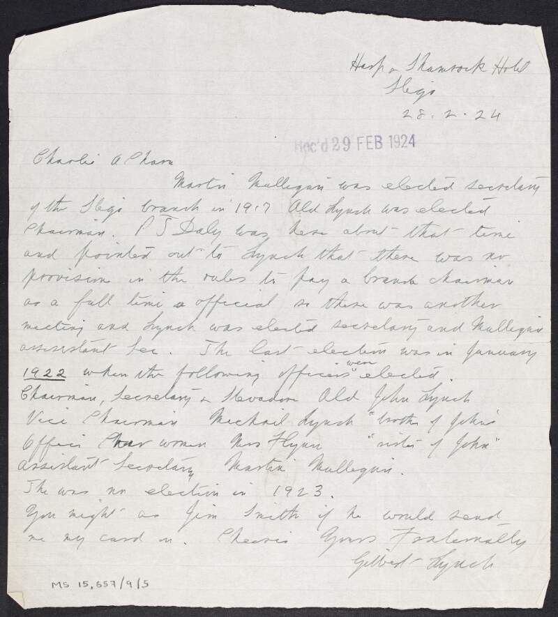 Letter from Gilbert Lynch to "Charlie" concerning committee elections within the Sligo branch of the Irish Transport and General Workers' Union,