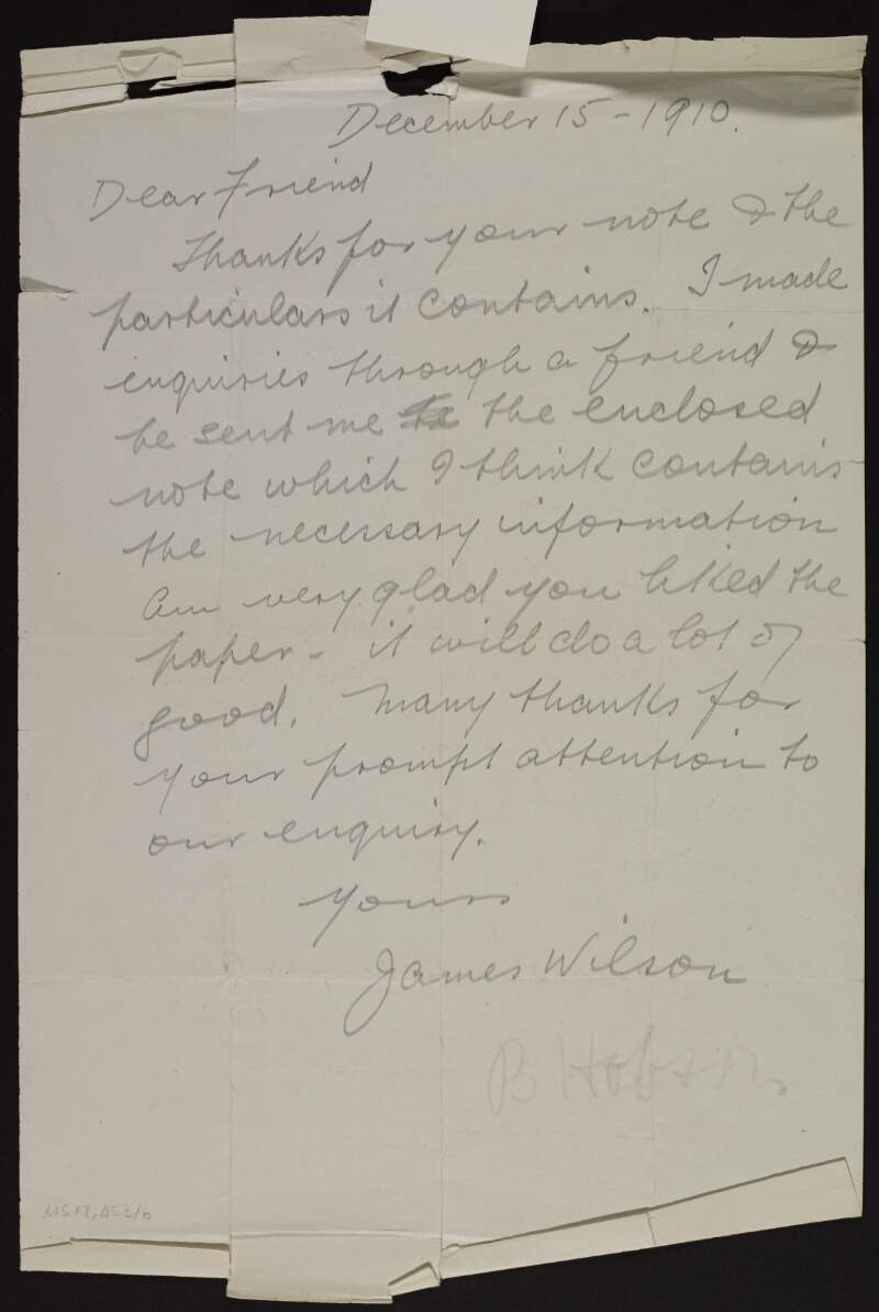 Letter from "James Wilson" [Bulmer Hobson] thanking him for his enquiry and providing the information requested,
