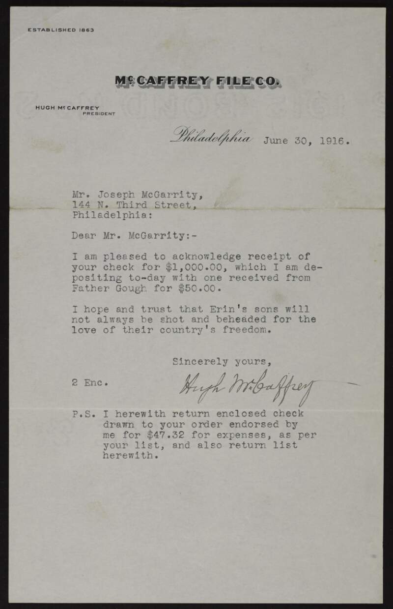 Letter from Hugh McCaffrey to Joseph McGarrity acknowledging receipt of a cheque for $1,000 [for the Irish Relief Fund],