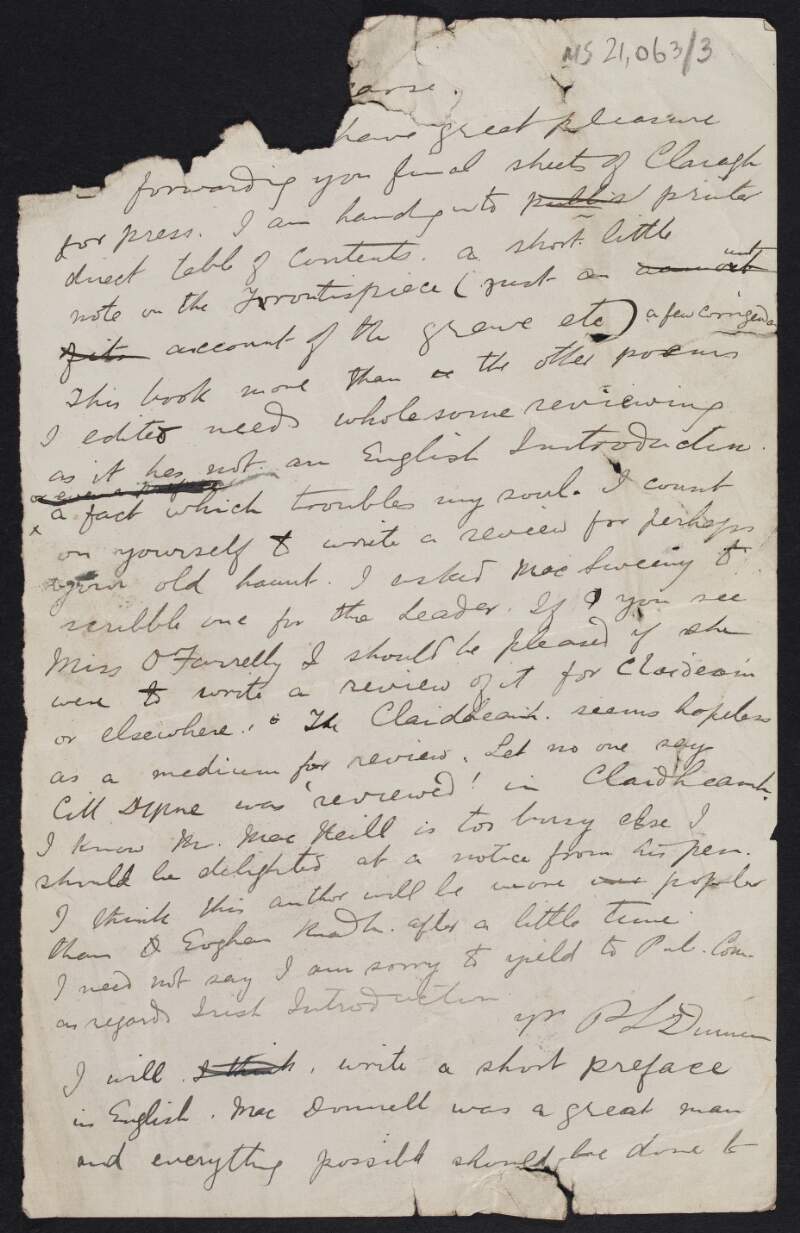 Letter from Patrick S. Dinneen to Padraic Pearse regarding the inclusion of a preface in English or Irish for the publication of "Claragh" [poetry by Seán Clárach Mac Domhnaill],