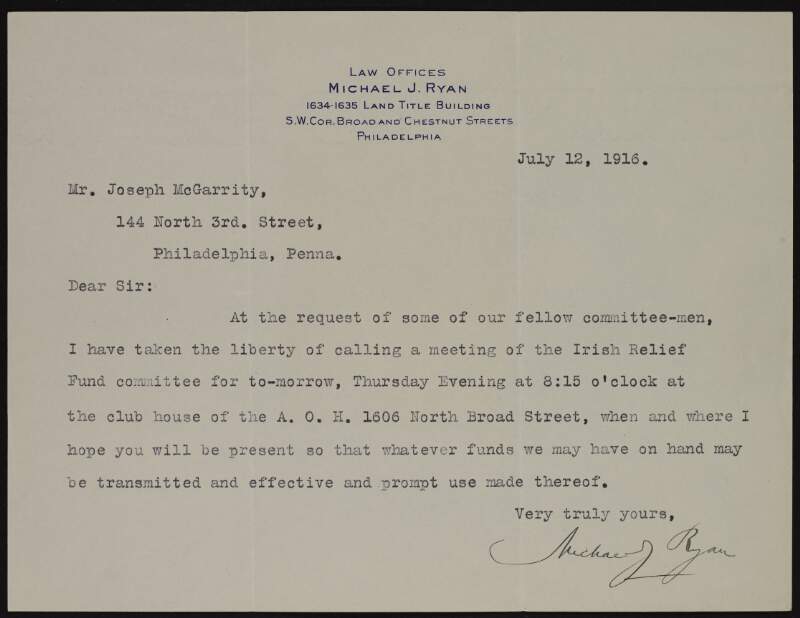 Letter from Michael J. Ryan to Joseph McGarrity calling a meeting of the Irish Relief Fund Committee to transfer funds to McGarrity,