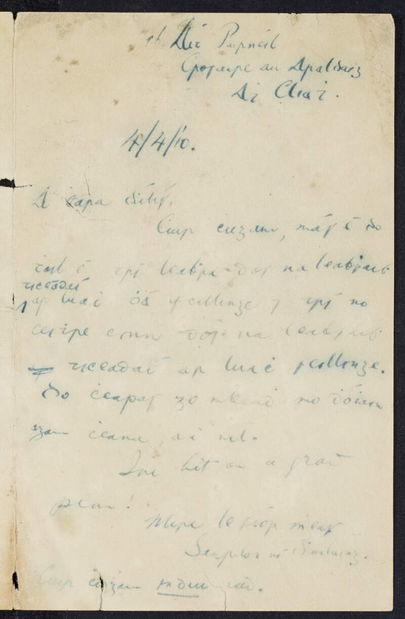Letter from Searlot Ní Dhúnlaing to Padraic Pearse requesting books of tickets from him,
