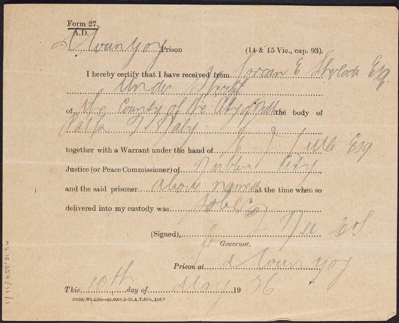 Form recording the internment of Patrick T. Daly in Mountjoy Prison,