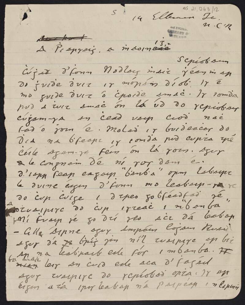 Letter from Pádraig Ua Duinnín [Patrick S. Dinneen], to Padraic Pearse informing him of matters he intends to bring to the Executive Committee of the Gaelic League,