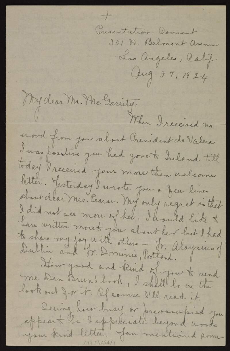 Letter from Sister Mary Patrick Rupert to Joseph McGarrity advising him to pray and confess when he is feeling down and in trouble,