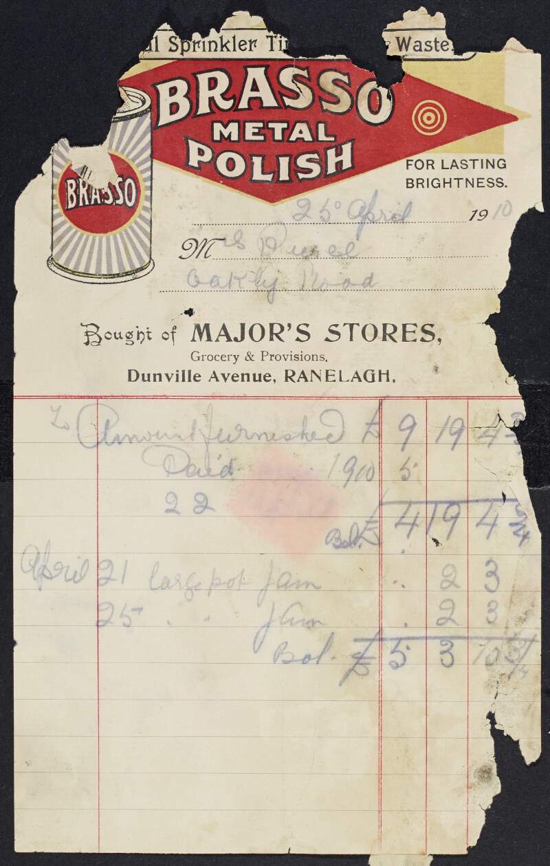 Invoice from Major's Stores to Padraic Pearse for the amount of £5-3-10 and 3/4 for the purchase of furniture and jam,