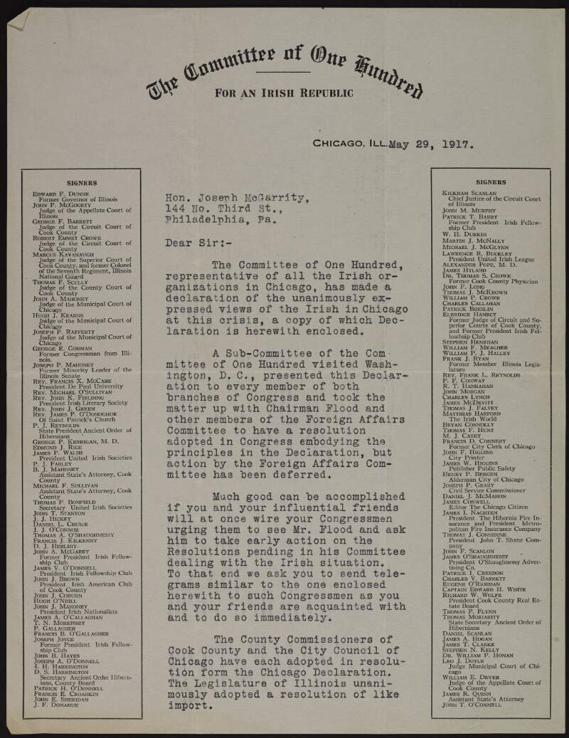 Letter from Kickham Scanlon and Hugh O'Neill, of the Committee of One Hundred for an Irish Republic, to Joseph McGarrity regarding a declaration made by the committee to the United States Congress and asking McGarrity to support it,